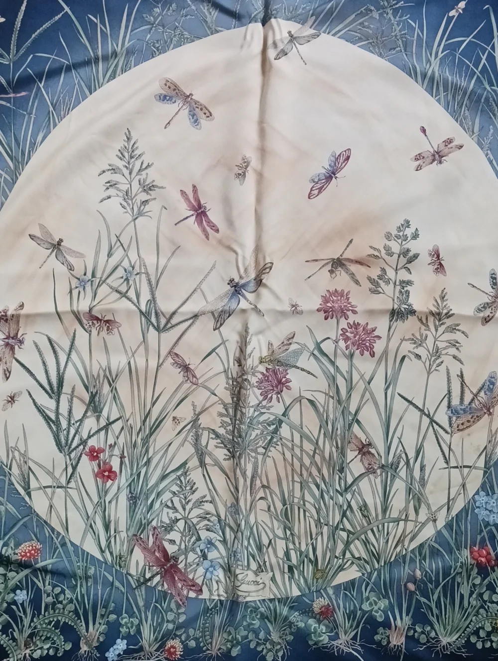 GUCCI VTG FLORAL INSECT PRINT SILK SCARF